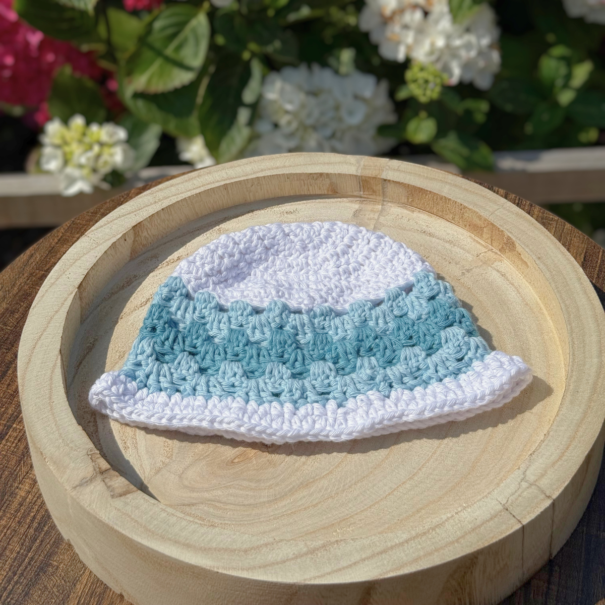 Handmade Crochet Baby Bucket Hat in White & Blue 3-6 months