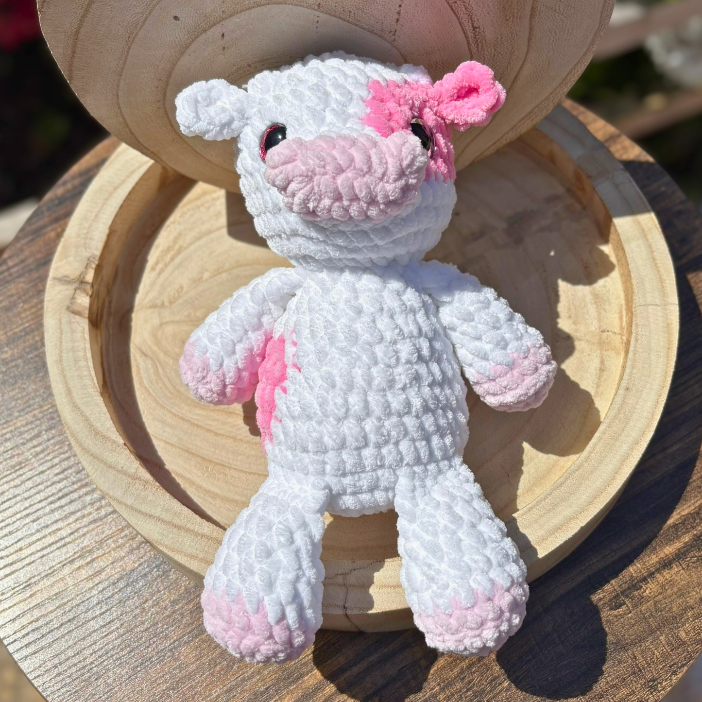 Crochet Chenille Cow in White and Pink