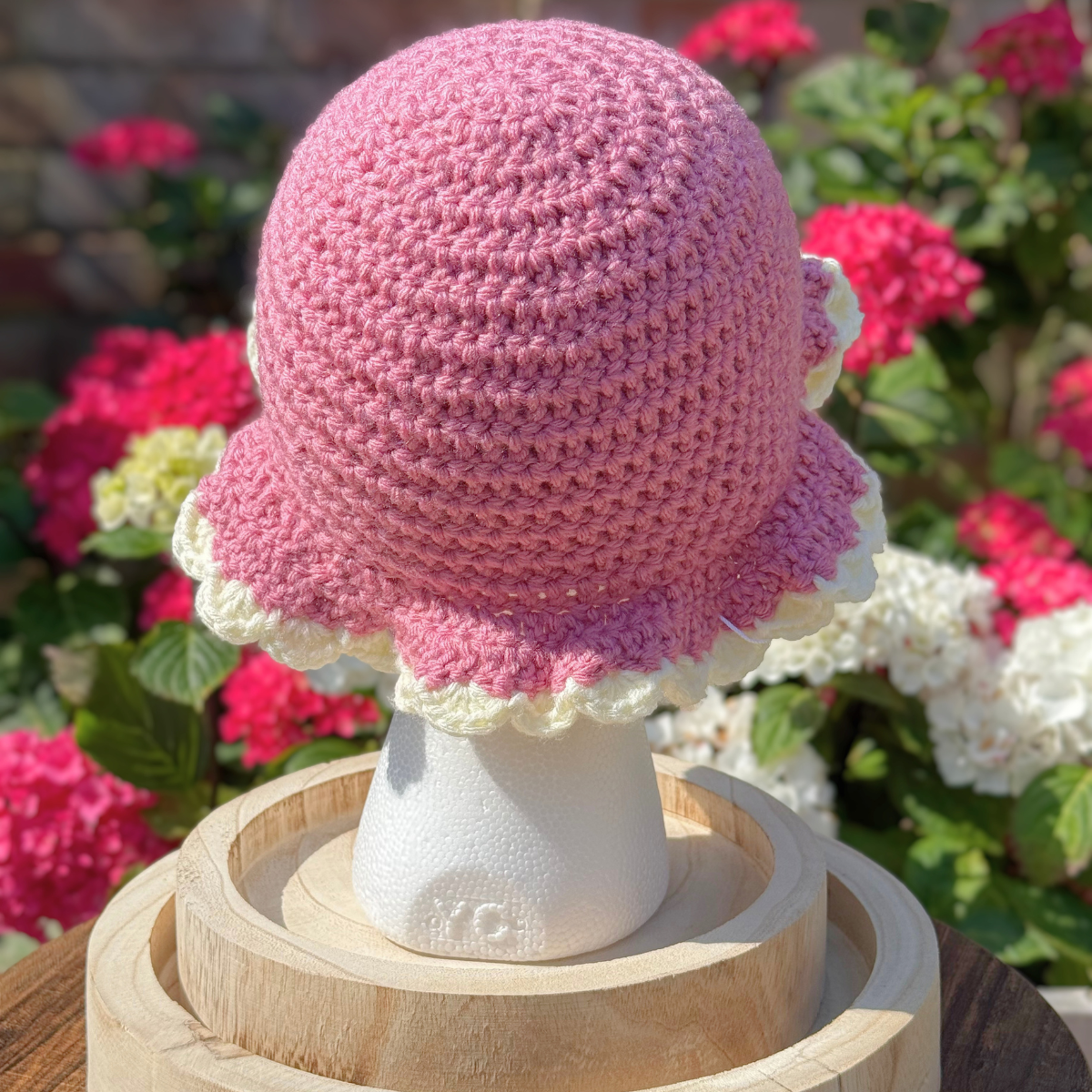 Handmade Crochet One Size Bucket Hat In Pink And Cream