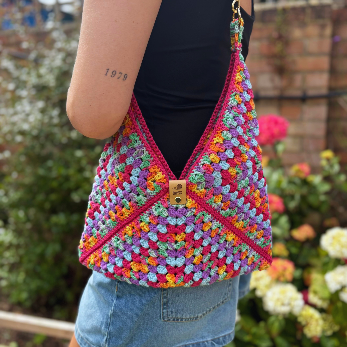 Handmade Crochet Cotton Granny Square Shoulder Bag in Vibrant Rainbow
