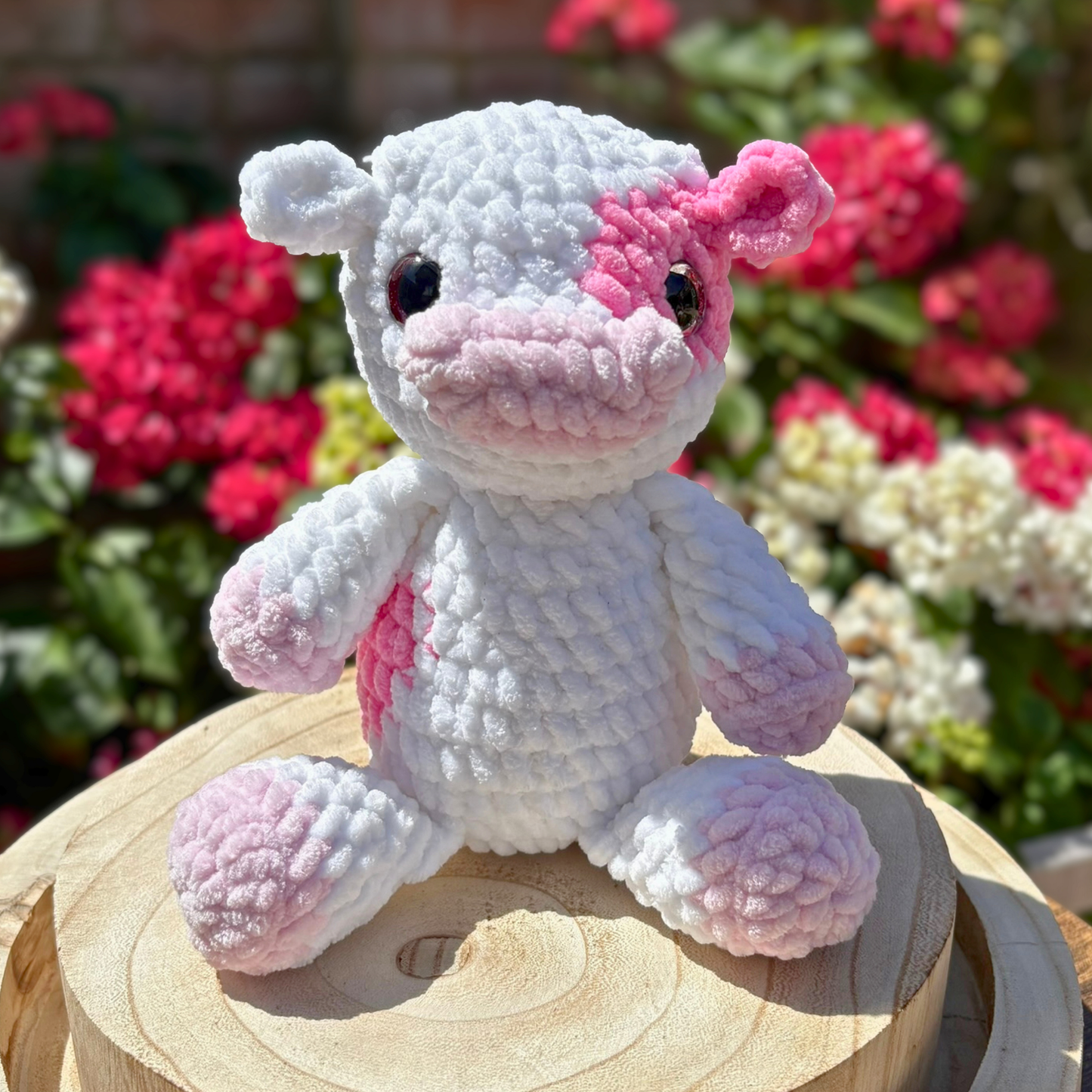Crochet Chenille Cow in White and Pink