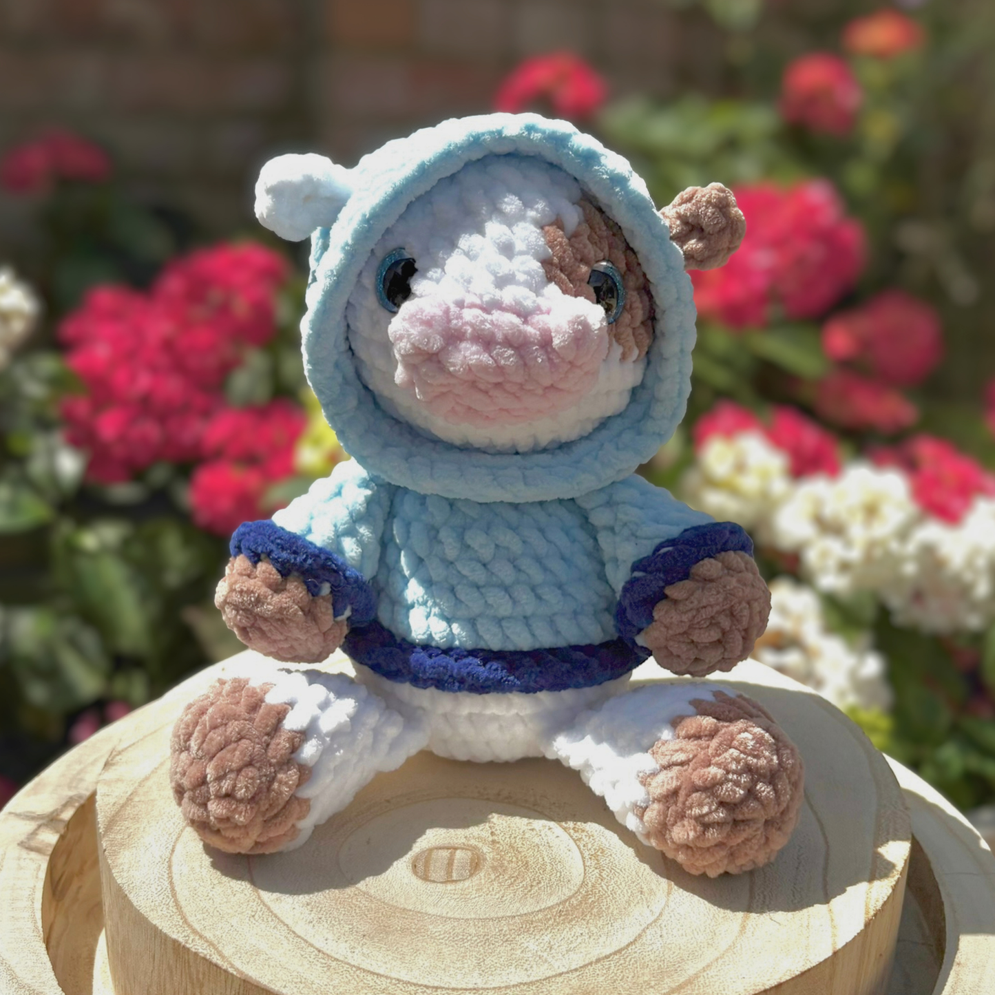 Crochet Hoody Cow in a Blue Interactive Hoody