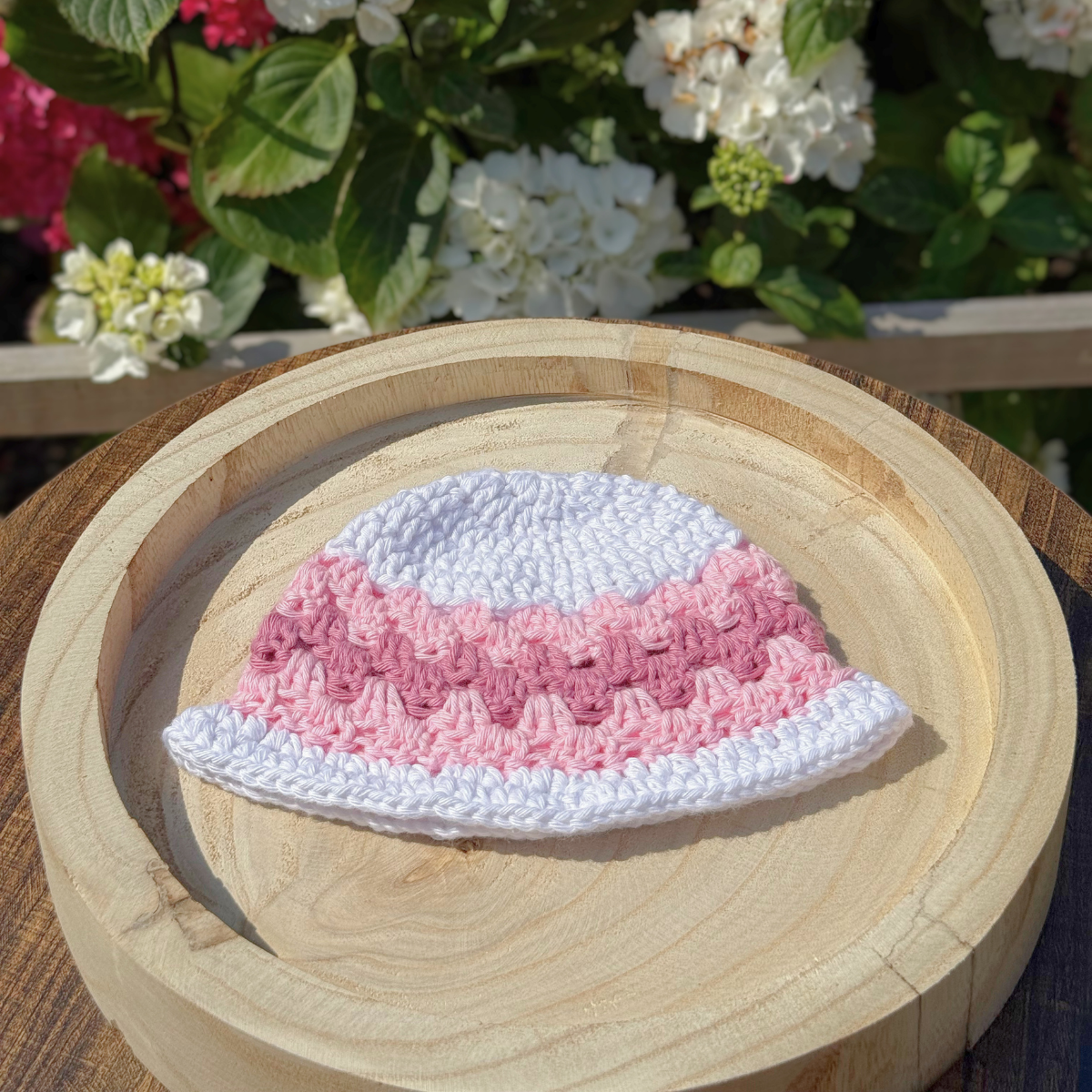 Handmade Crochet Baby Bucket Hat in White & Pink 0-3 months
