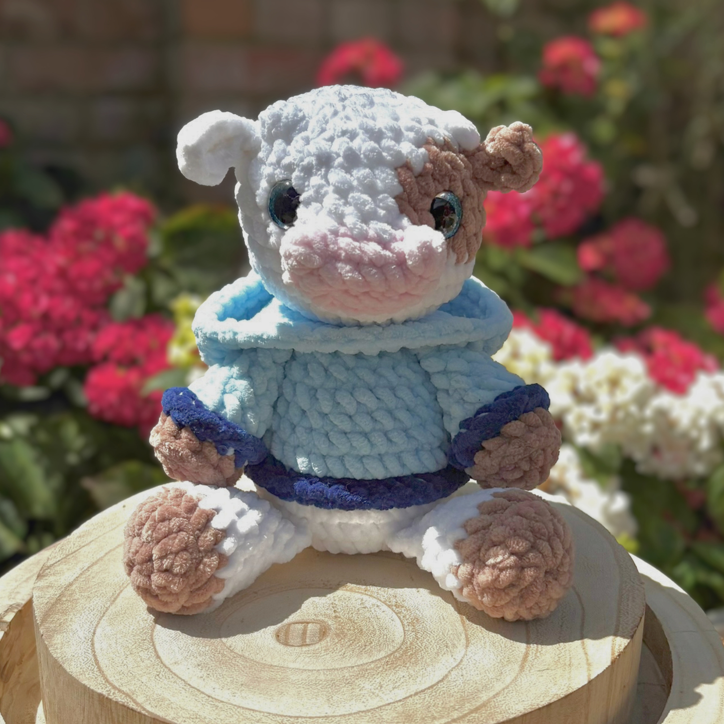 Crochet Hoody Cow in a Blue Interactive Hoody