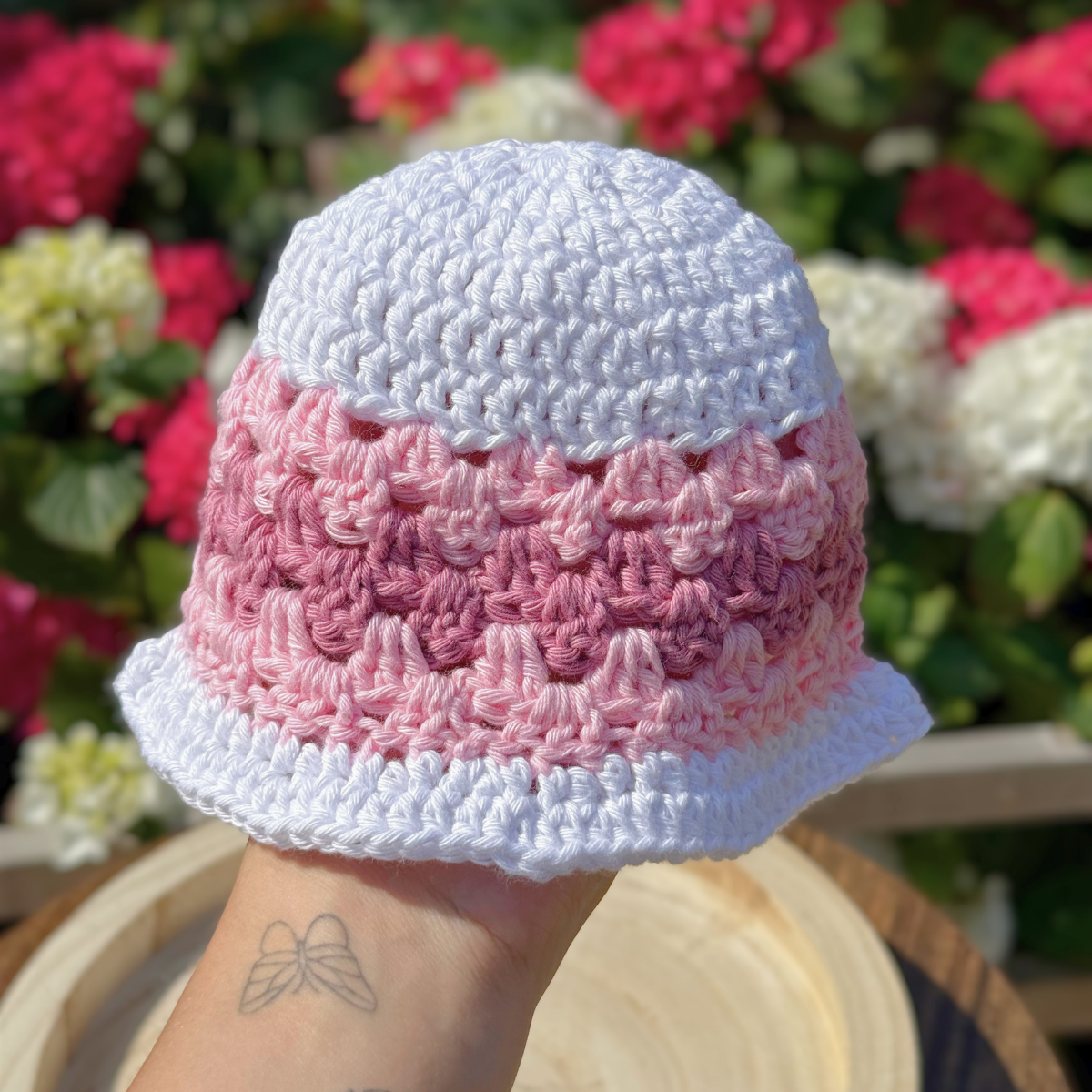 Handmade Crochet Baby Bucket Hat in White & Pink 3-6 months
