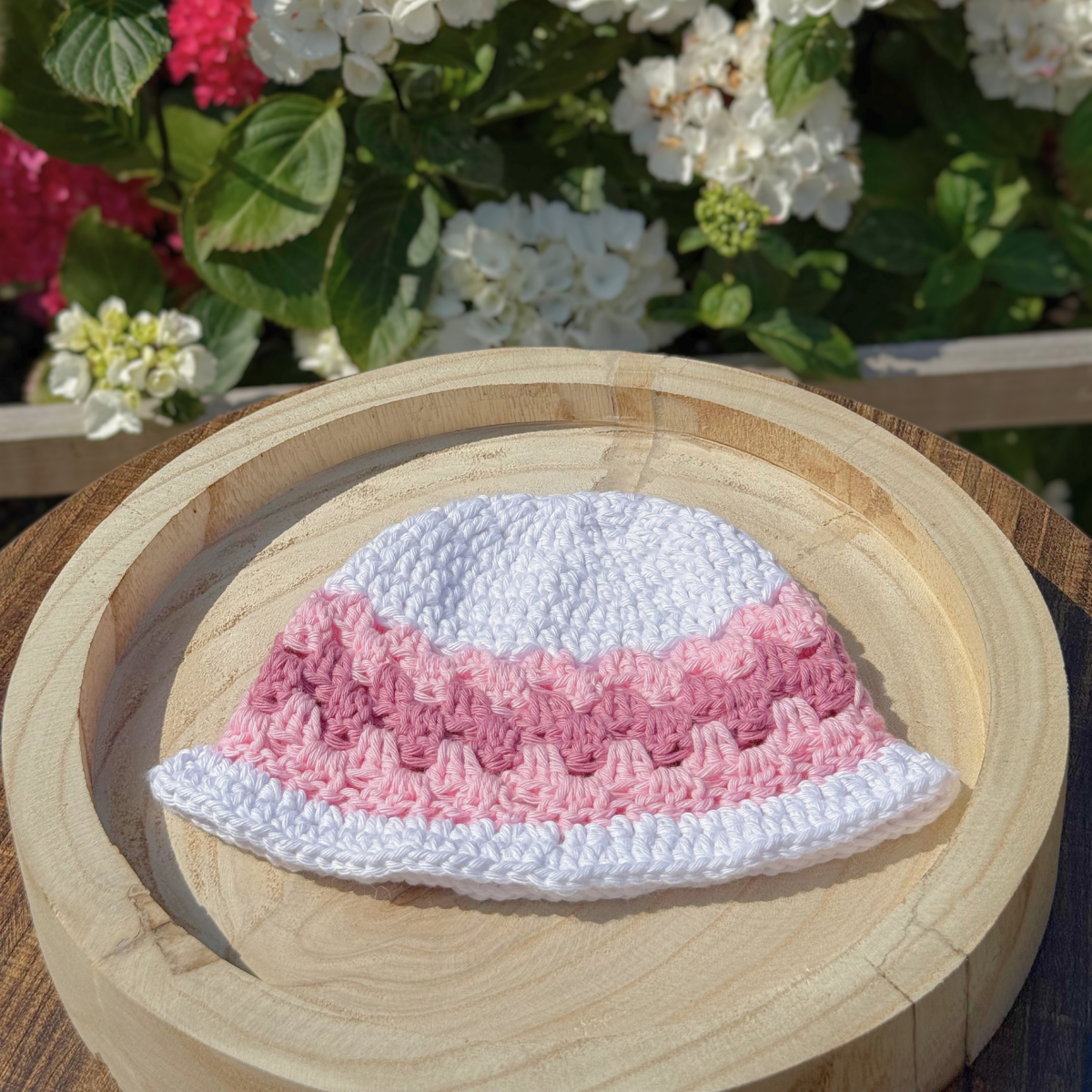 Handmade Crochet Baby Bucket Hat in White & Pink 3-6 months