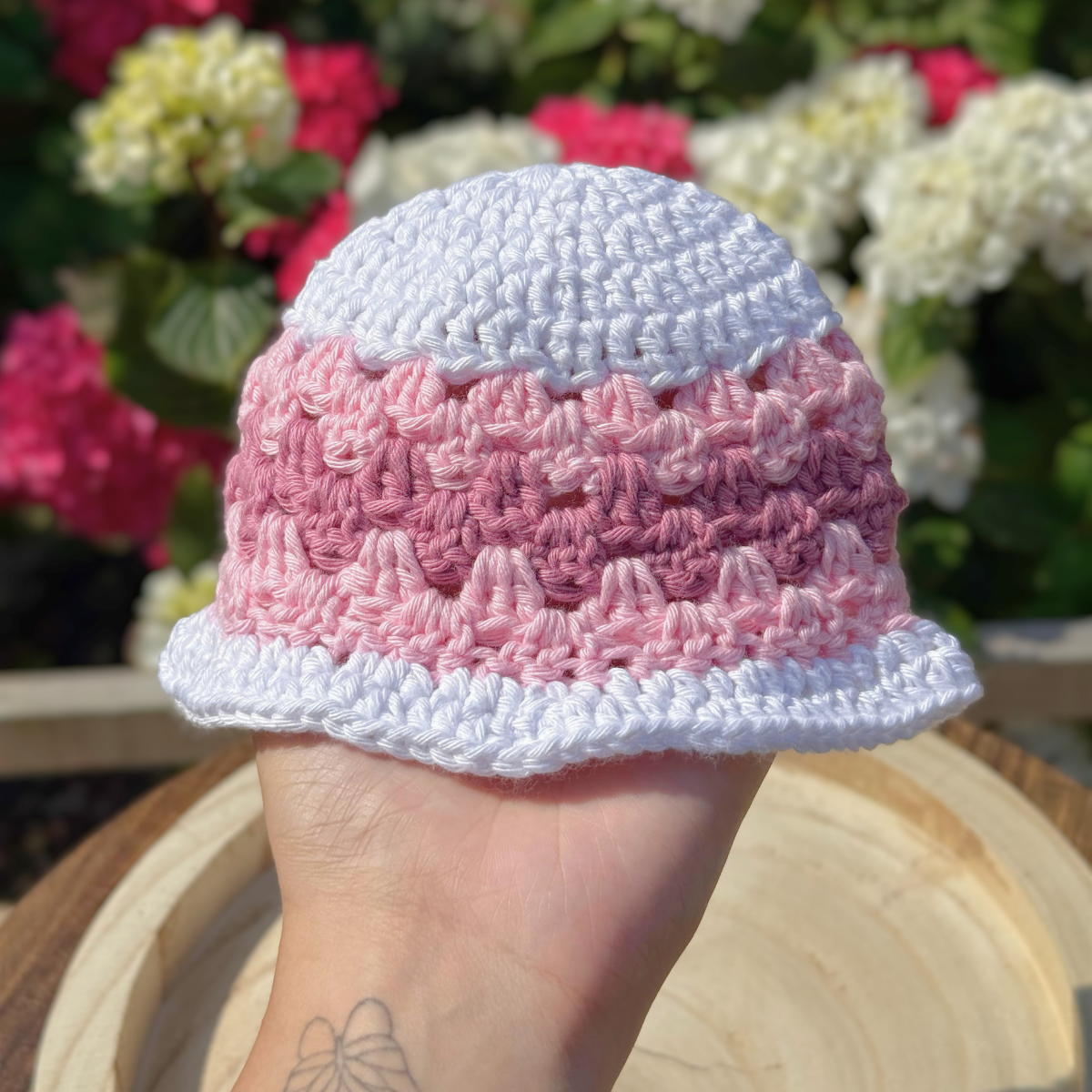 Handmade Crochet Baby Bucket Hat in White & Pink 0-3 months