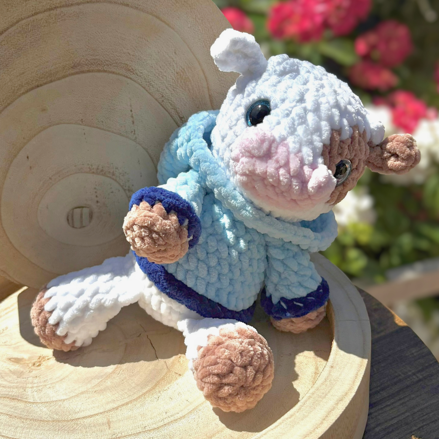 Crochet Hoody Cow in a Blue Interactive Hoody