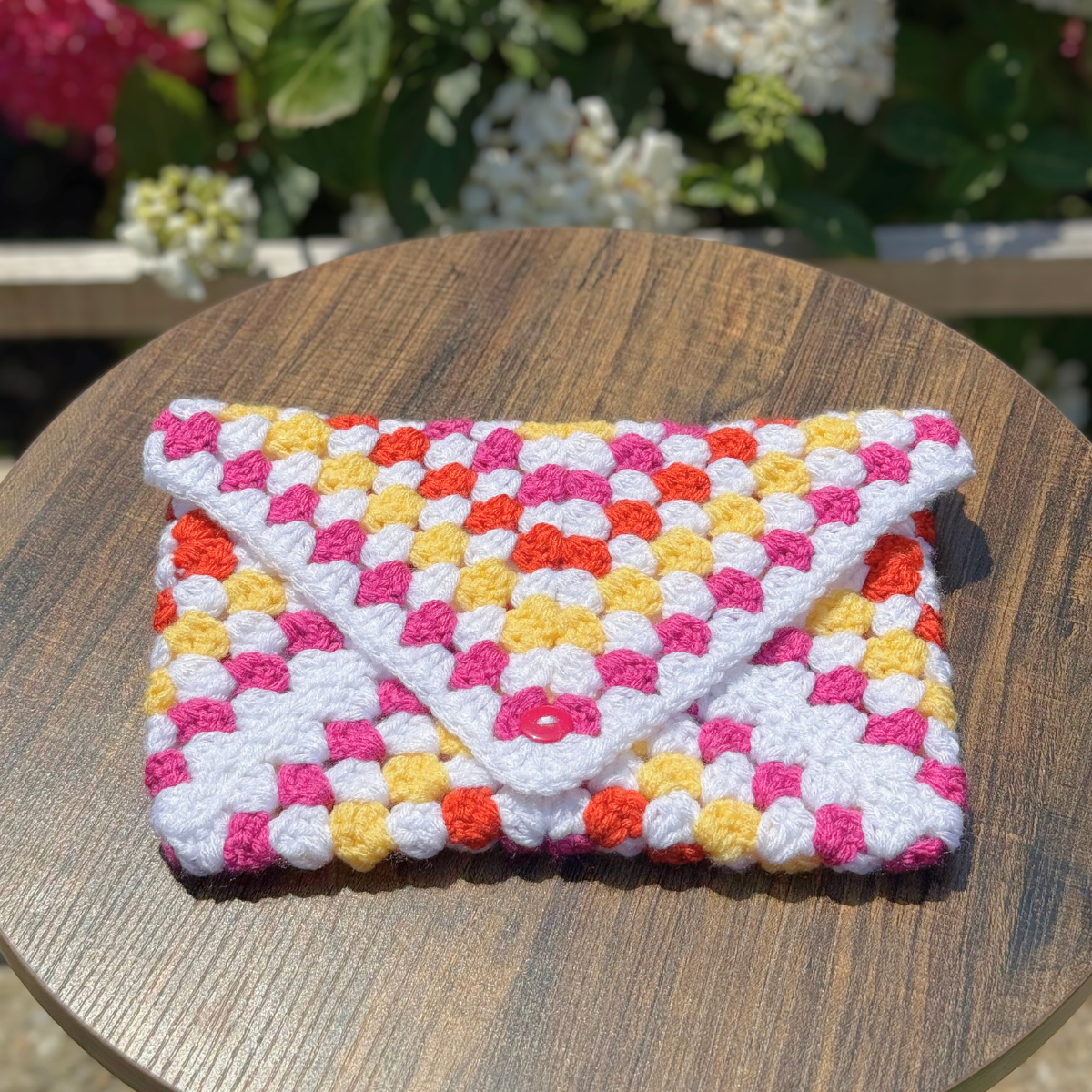 Handmade Crochet Book Sleeve In White, Orange, Yellow And Pink