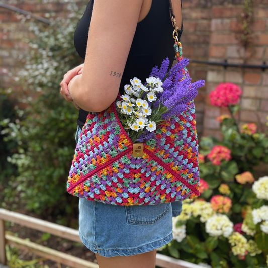 Handmade Crochet Cotton Granny Square Shoulder Bag in Vibrant Rainbow