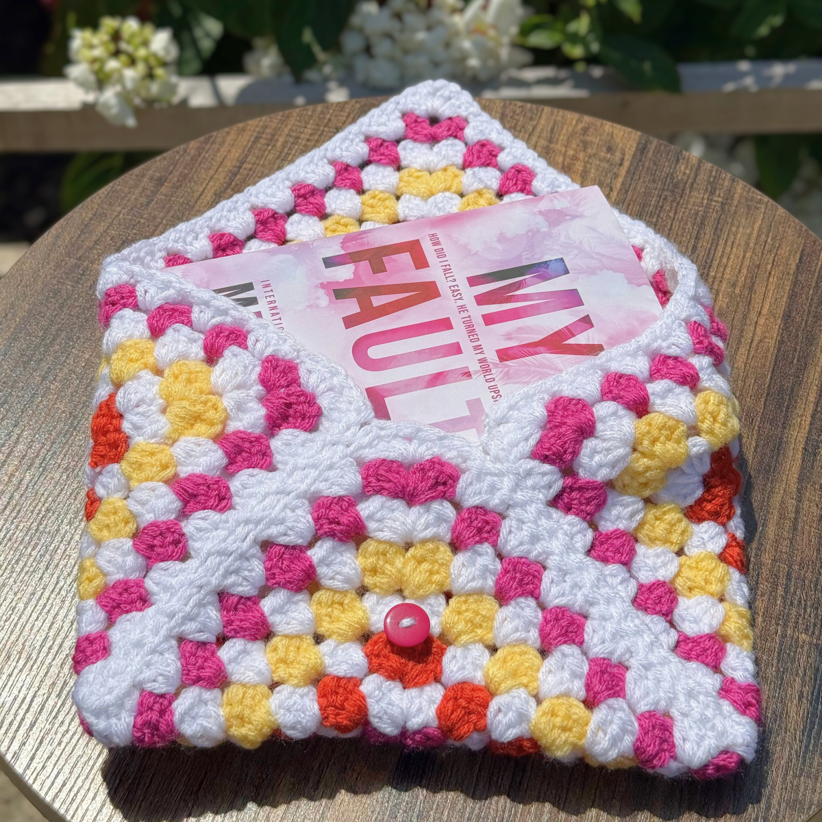 Handmade Crochet Book Sleeve In White, Orange, Yellow And Pink