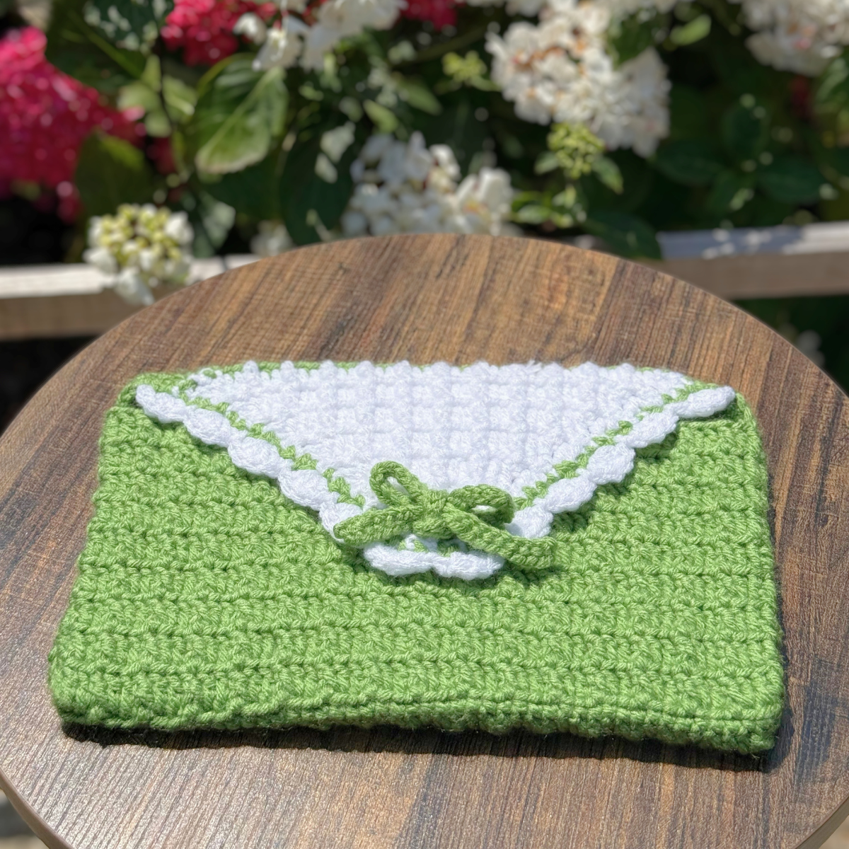 Handmade Crochet Book Sleeve In Green And White