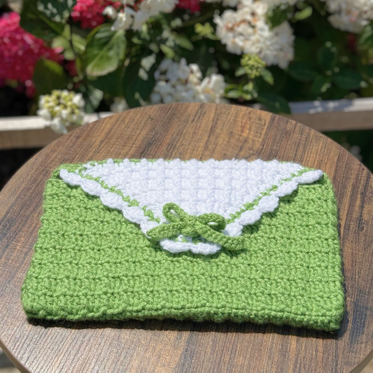 Handmade Crochet Book Sleeve In Green And White
