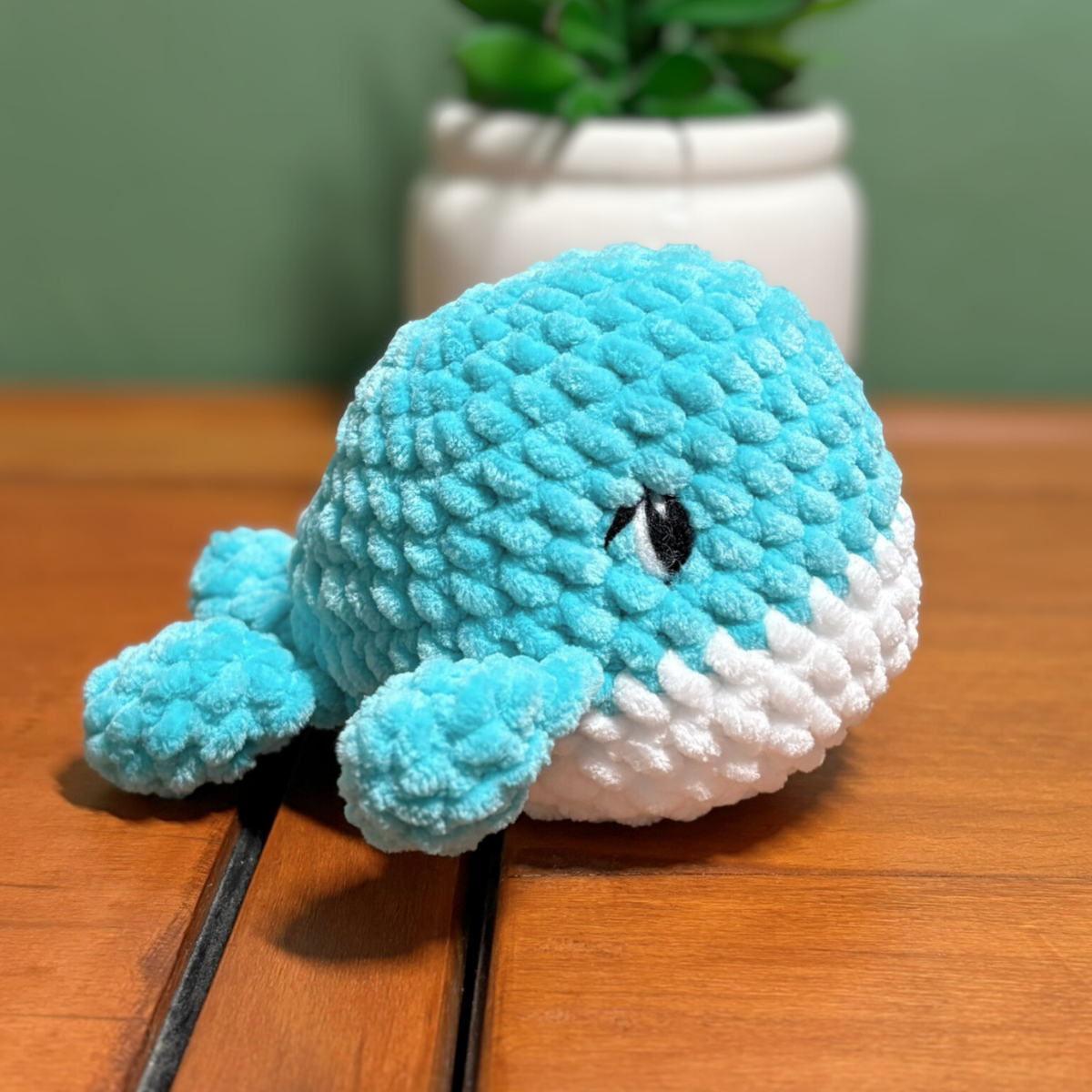 Crochet Chenille Whales with Embroidered Eyes