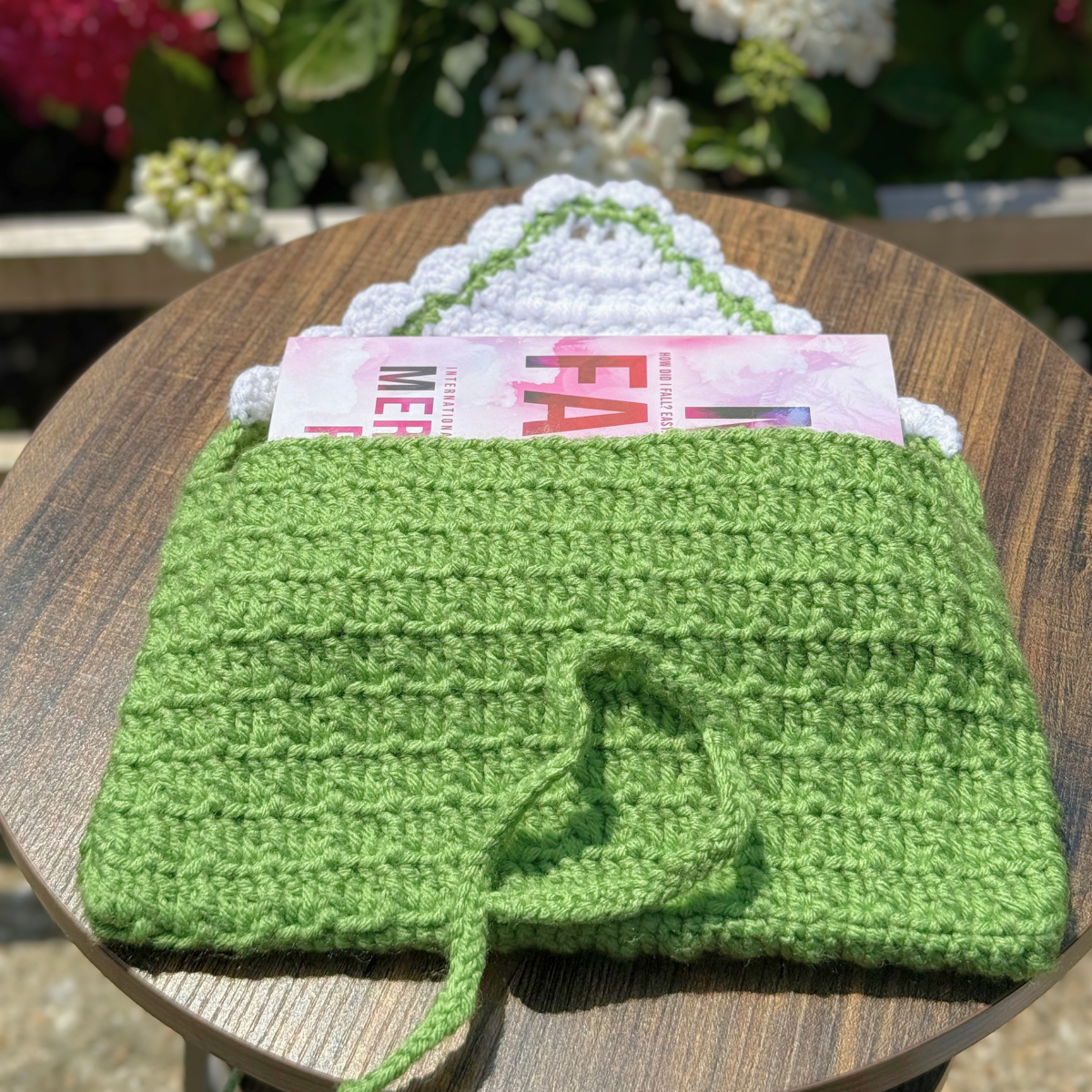 Handmade Crochet Book Sleeve In Green And White