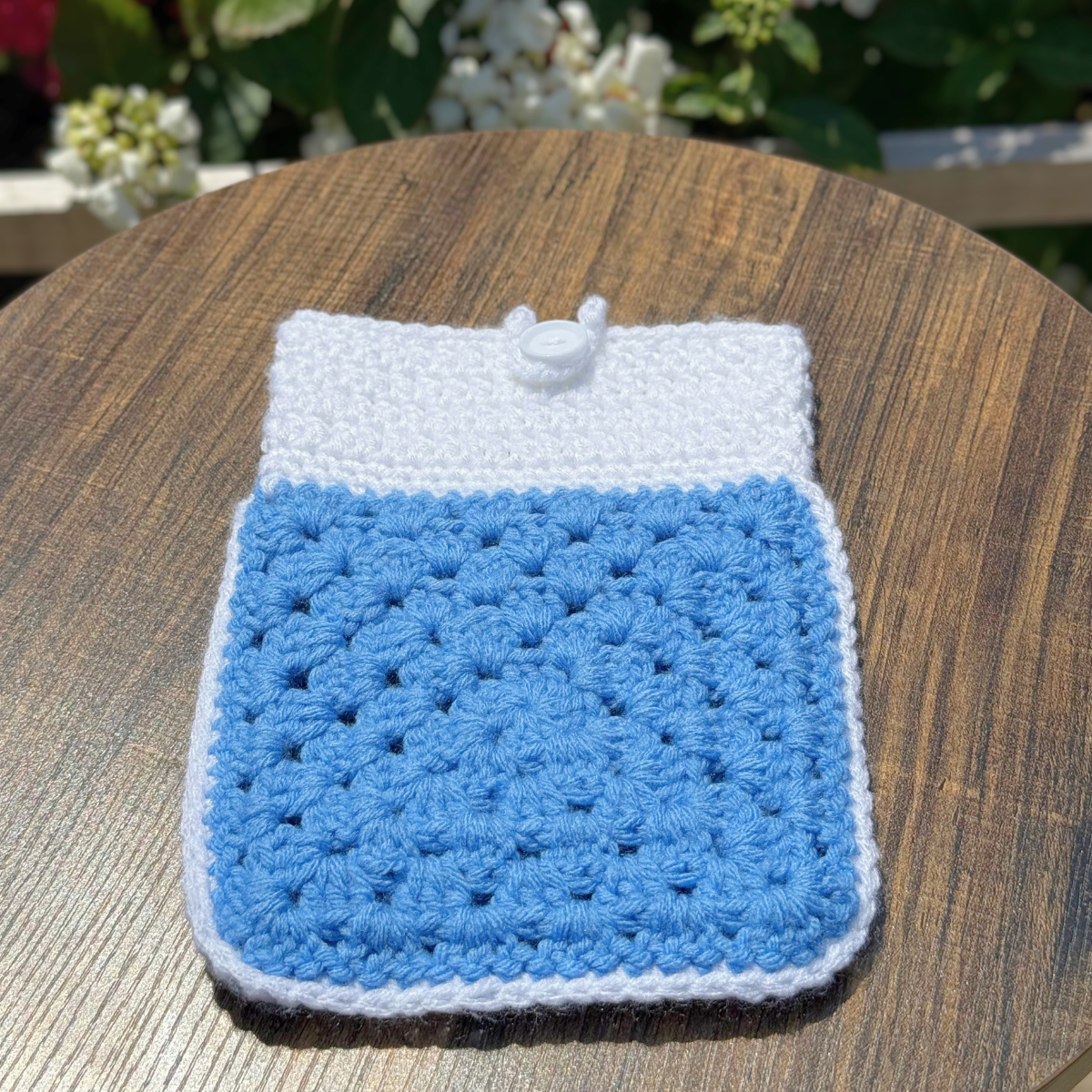 Handmade Crochet Book Sleeve In White And Blue