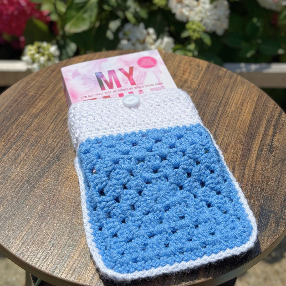 Handmade Crochet Book Sleeve In White And Blue