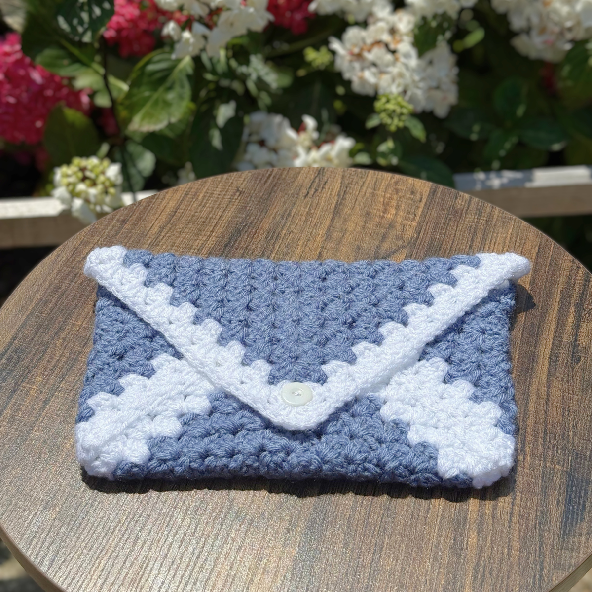 Handmade Crochet Book Sleeve In Dusty Blue And White