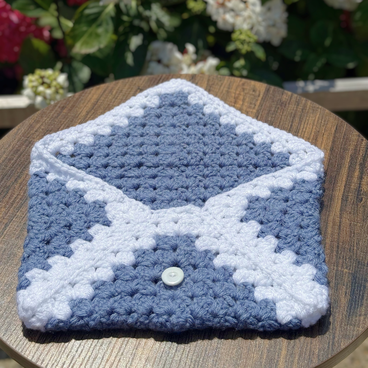 Handmade Crochet Book Sleeve In Dusty Blue And White