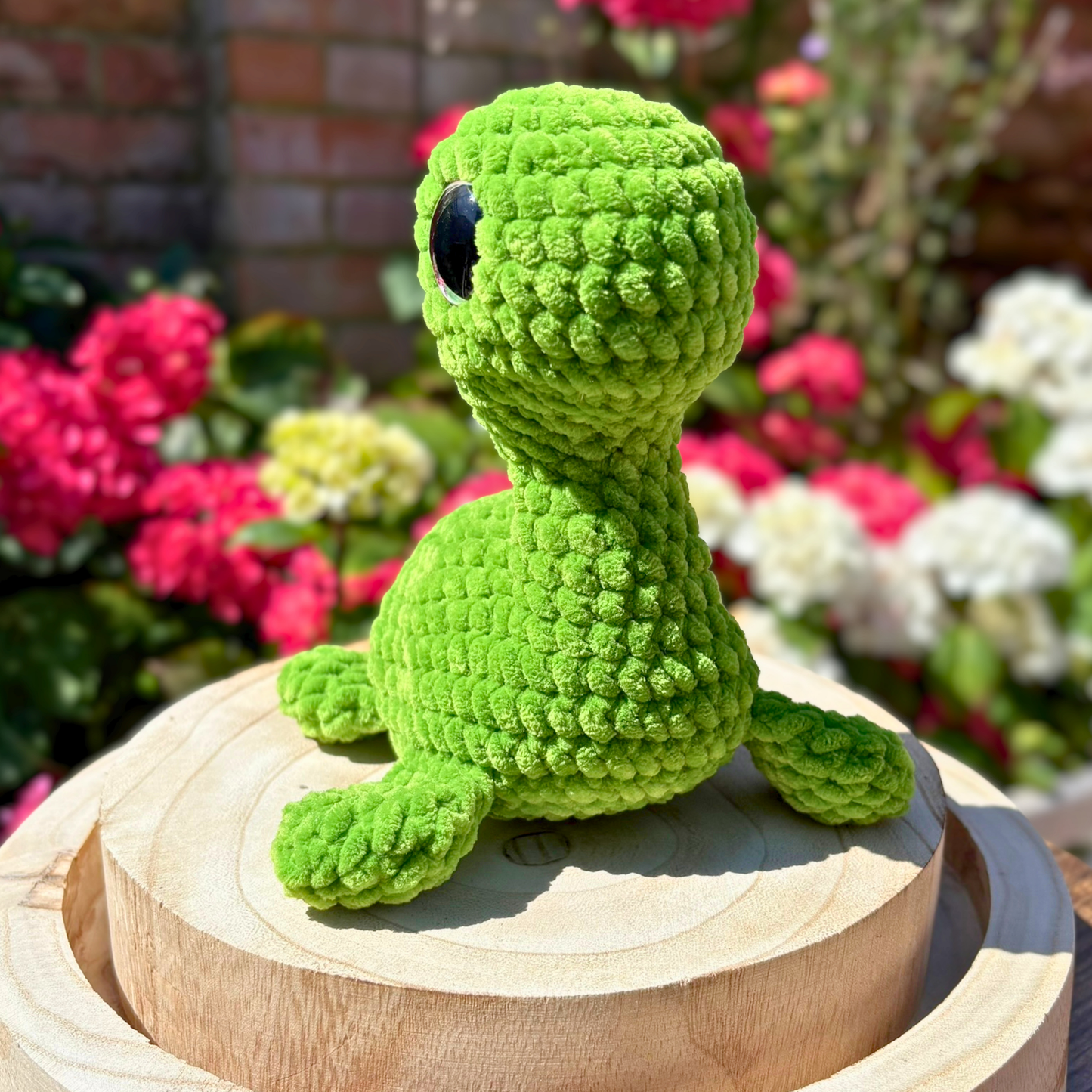 Crochet Chenille Nessie (loch ness monster) with large Glitter Eyes in Green