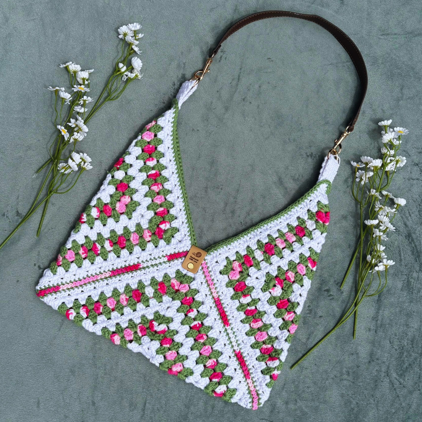 Handmade Crochet Cotton Granny Square Shoulder Bag in a Floral design