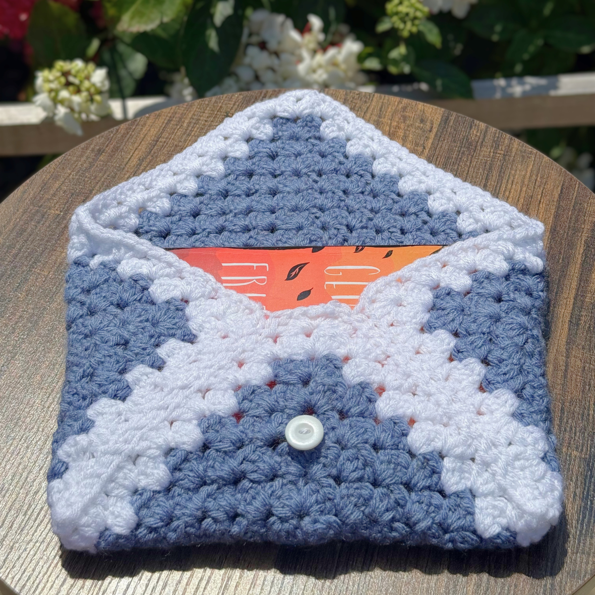 Handmade Crochet Book Sleeve In Dusty Blue And White