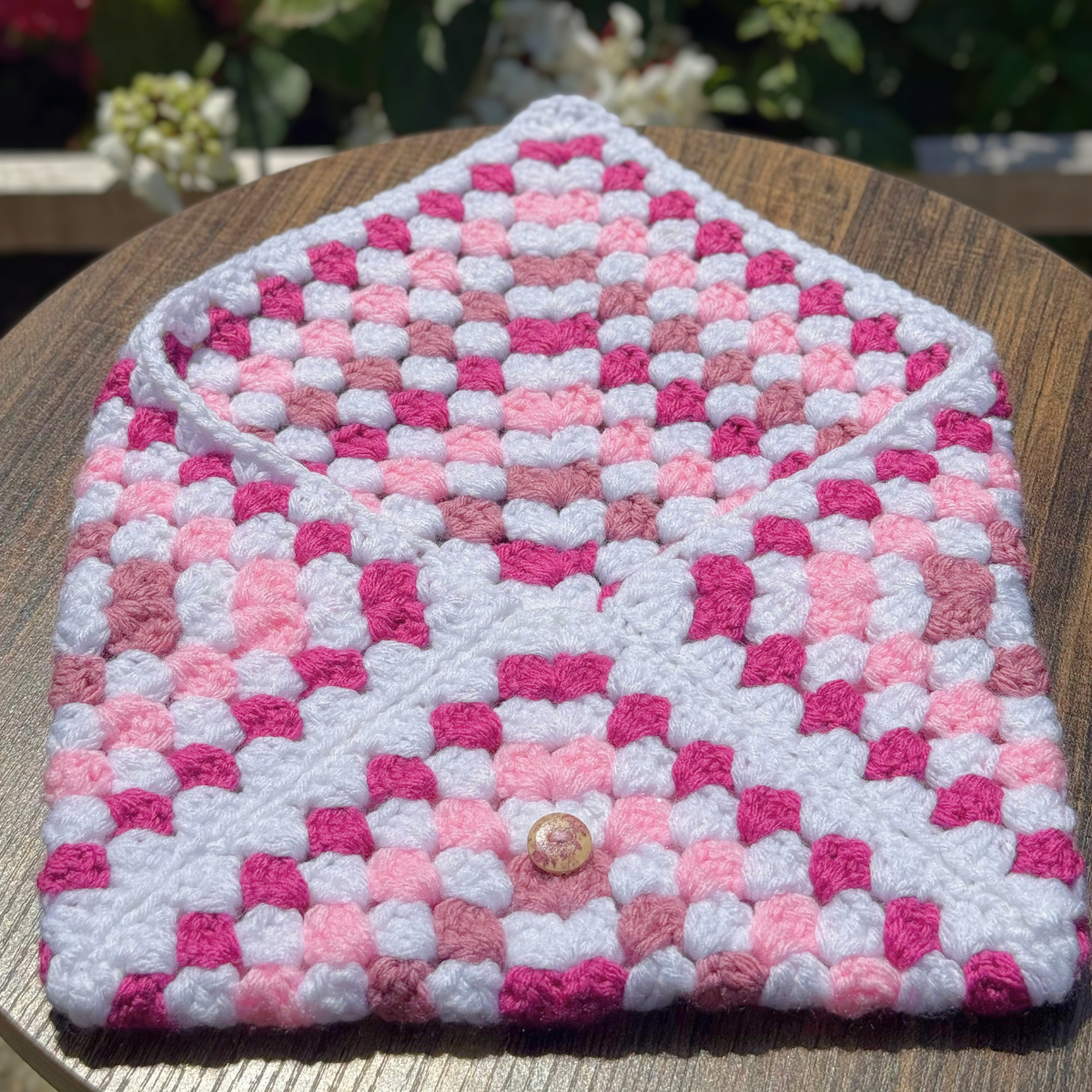 Handmade Crochet Book Sleeve In Pinks And White