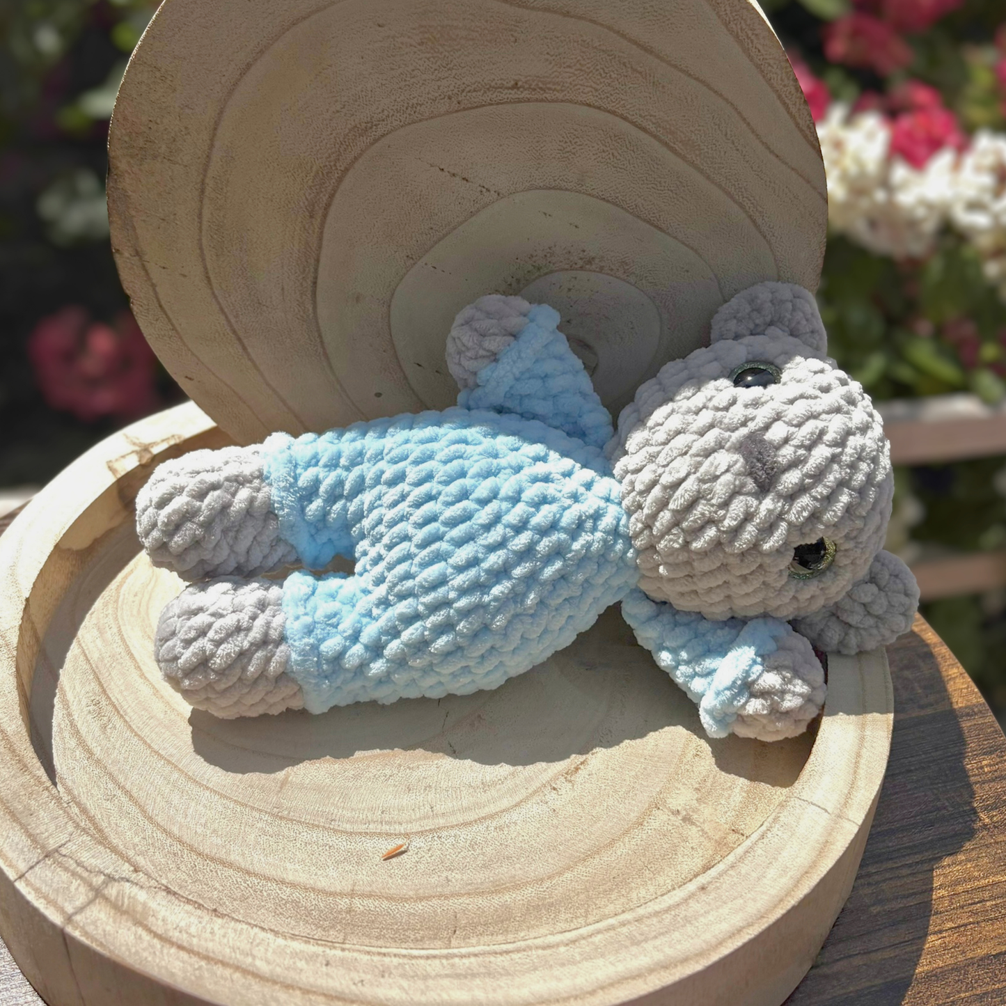Crochet Chenille Bedtime Snuggle Bear in grey and blue