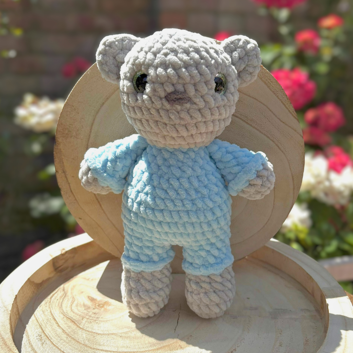 Crochet Chenille Bedtime Snuggle Bear in grey and blue