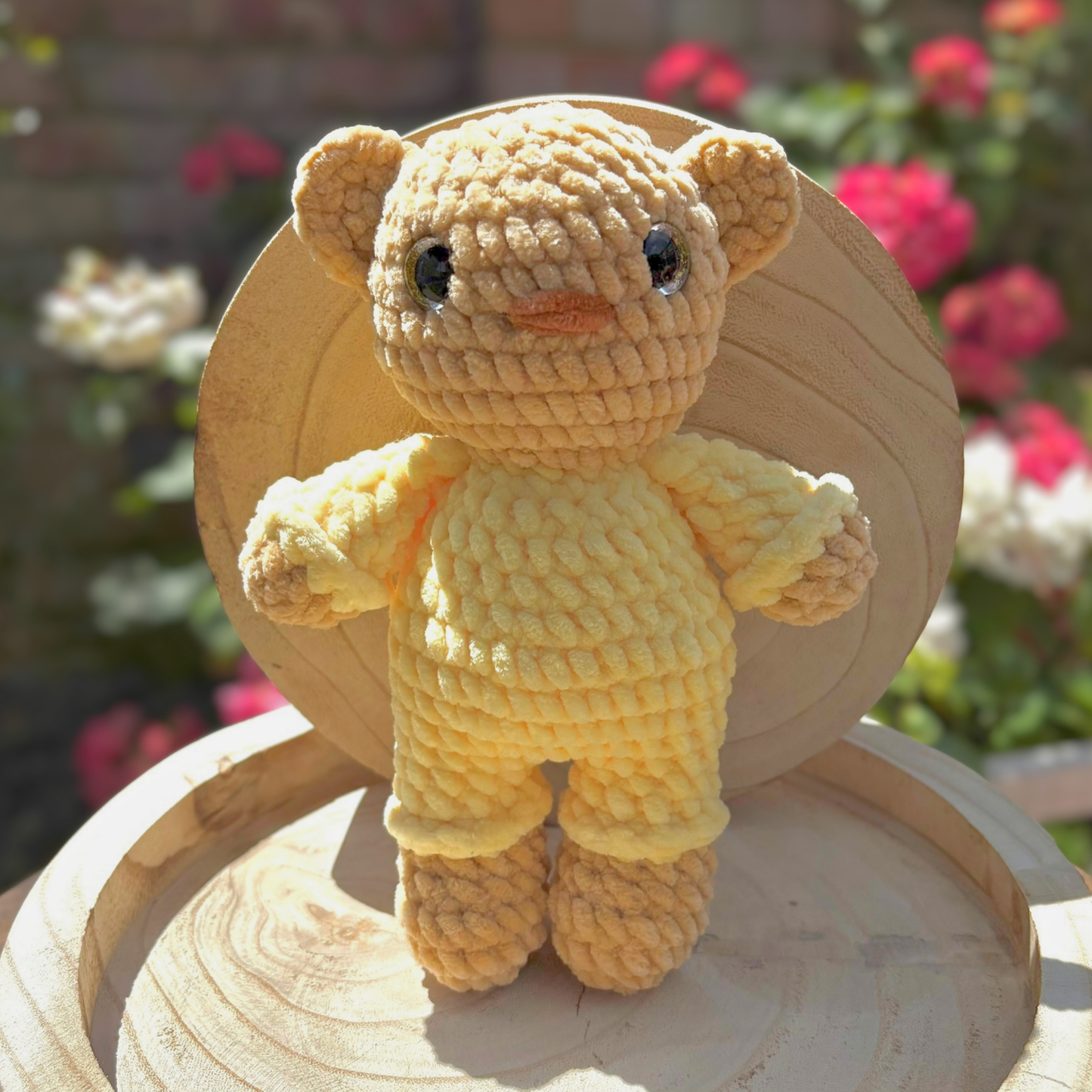 Crochet Chenille Bedtime Snuggle Bear in Brown and Lemon Yellow