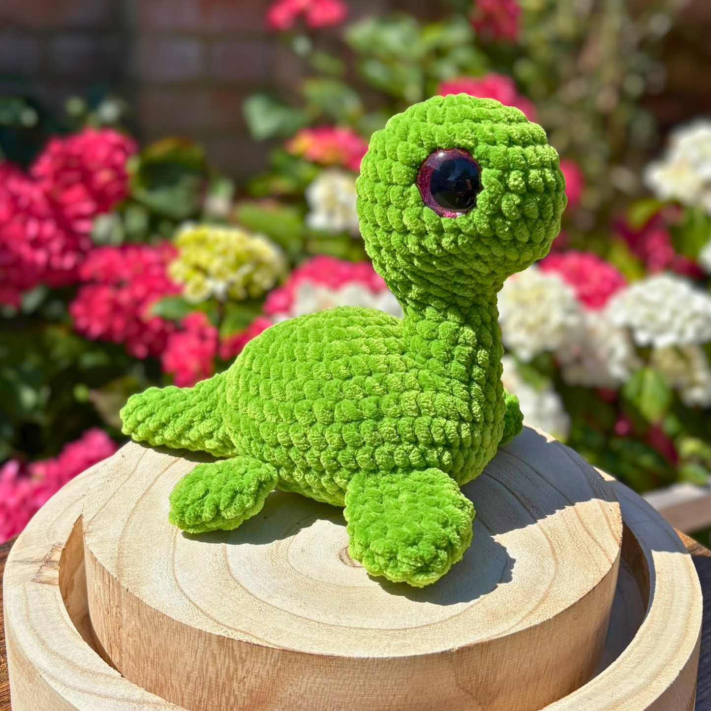 Crochet Chenille Nessie (loch ness monster) with large Glitter Eyes in Green