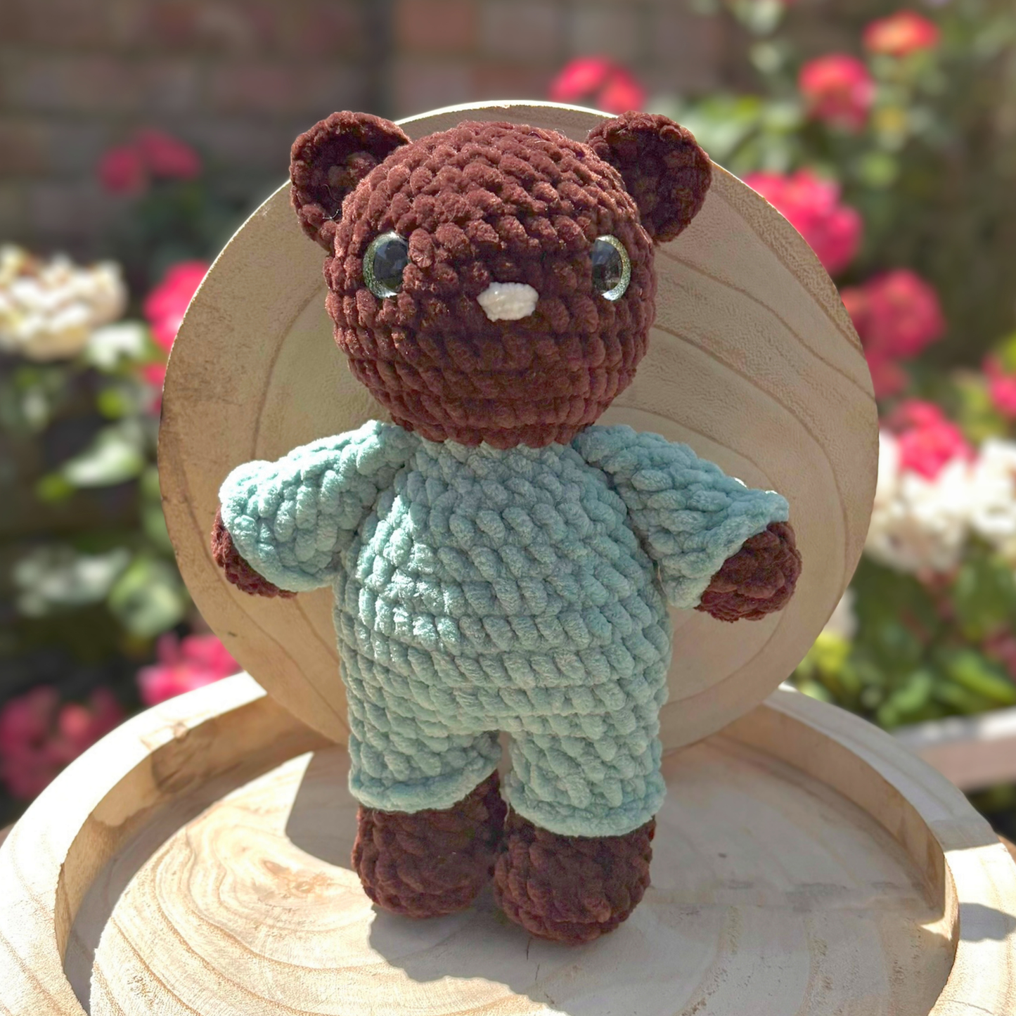 Crochet Chenille Bedtime Snuggle Bear in Dark Brown and Green