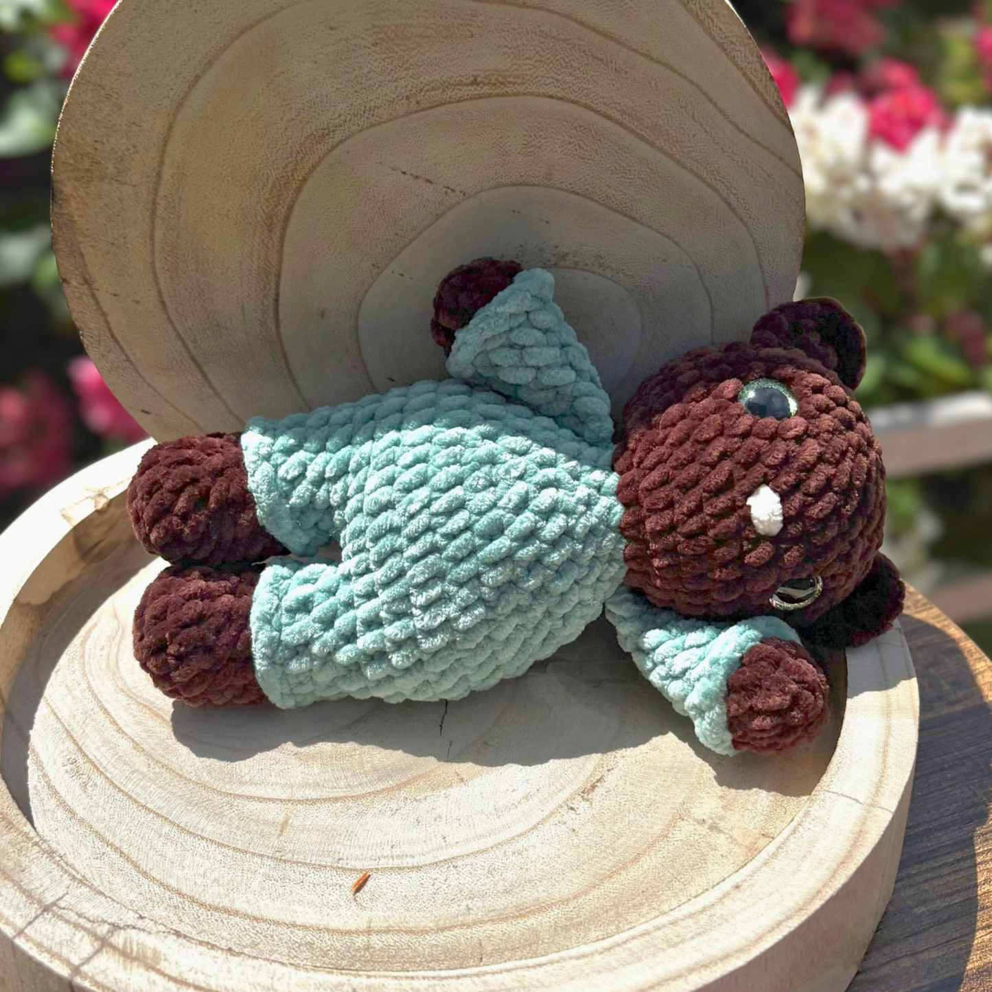 Crochet Chenille Bedtime Snuggle Bear in Dark Brown and Green