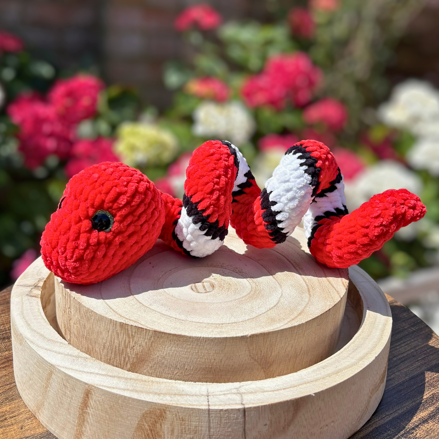 Crochet Chenille Striped Coloured Twisty Snake in Red, Black and White
