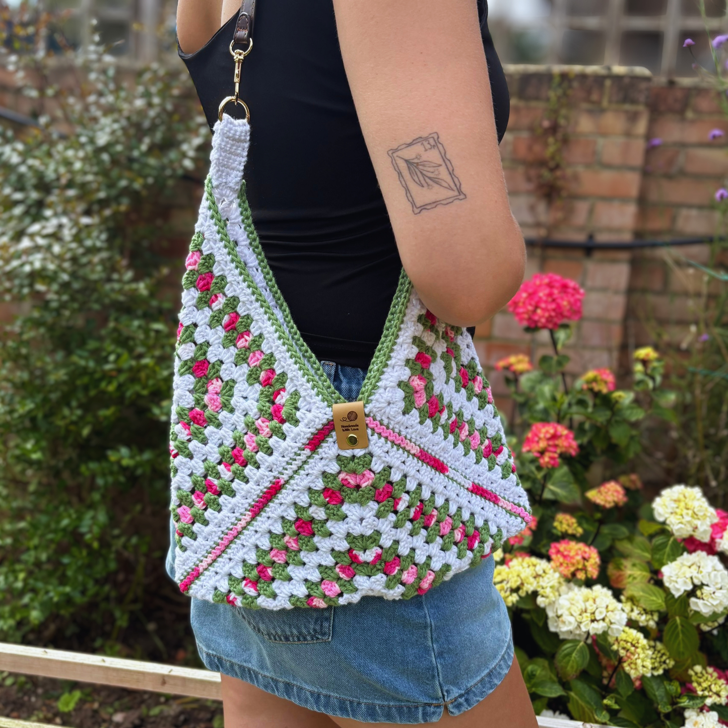 Handmade Crochet Cotton Granny Square Shoulder Bag in a Floral design