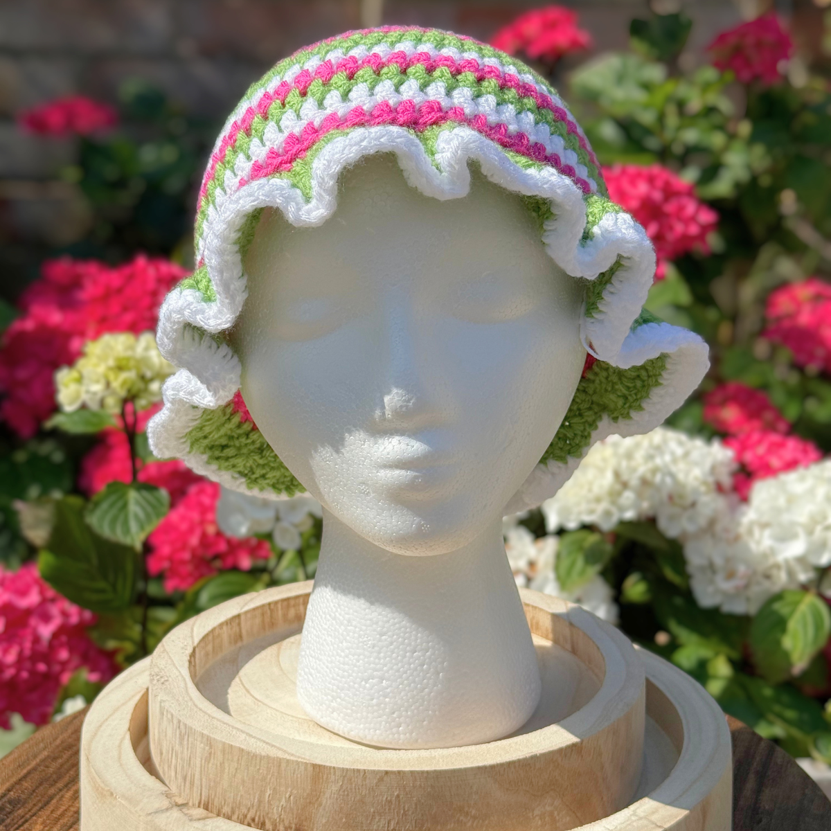 Handmade Crochet One Size Bucket Hat In White, Green And Pink