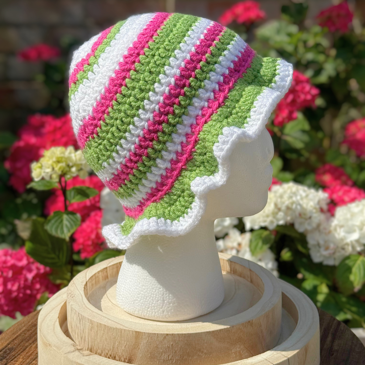 Handmade Crochet One Size Bucket Hat In White, Green And Pink