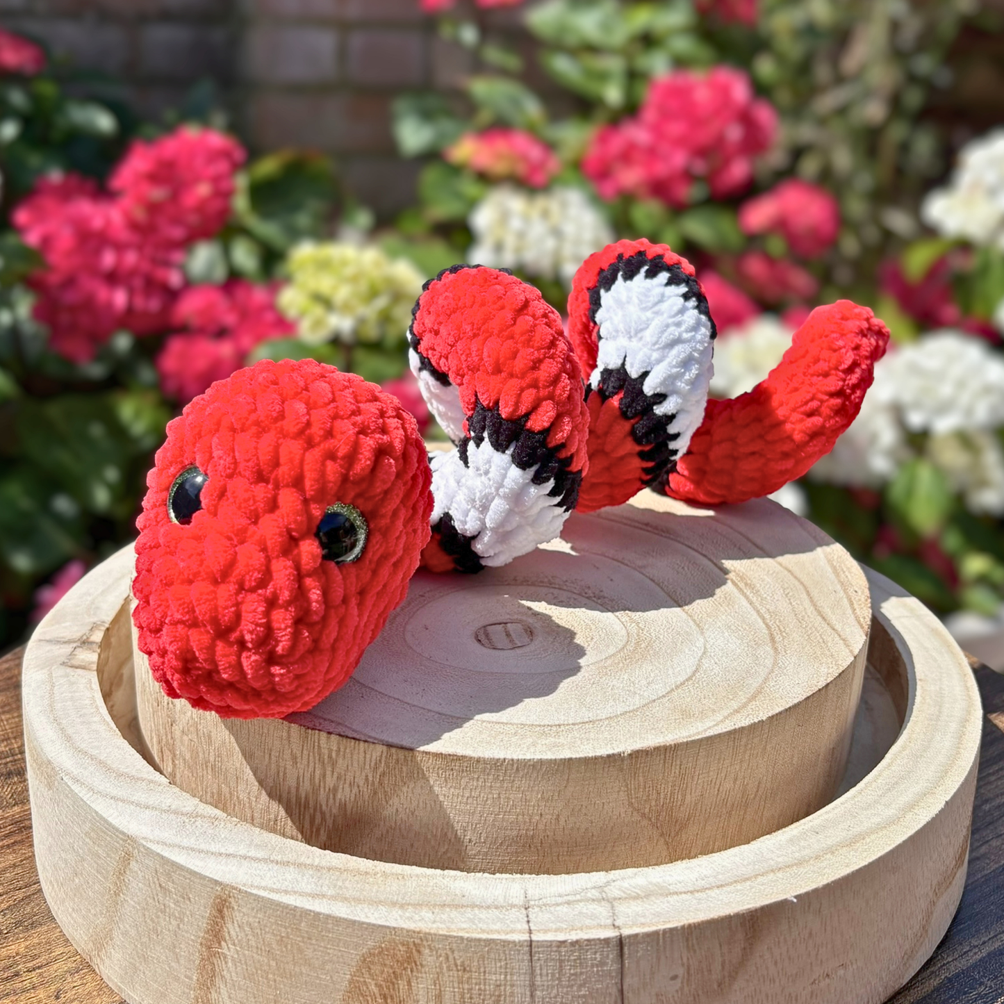 Crochet Chenille Striped Coloured Twisty Snake in Red, Black and White