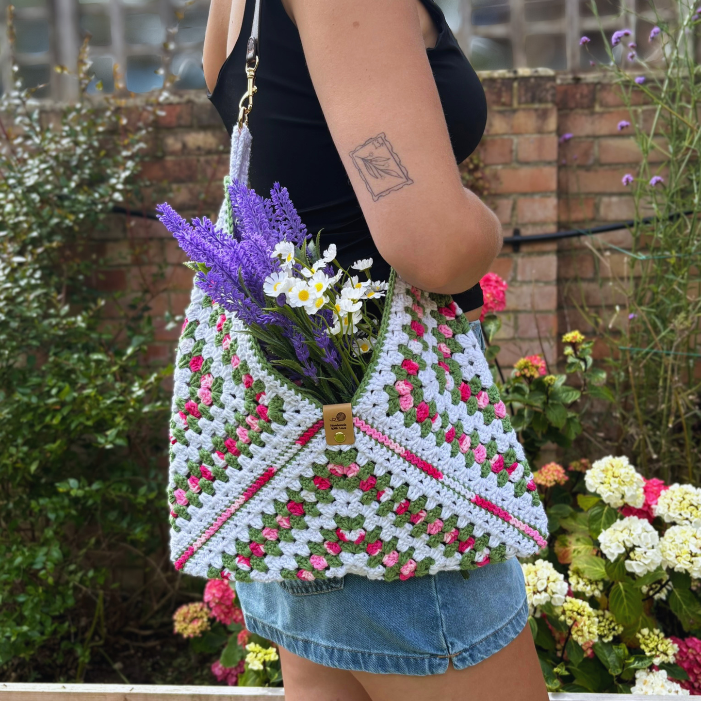 Handmade Crochet Cotton Granny Square Shoulder Bag in a Floral design