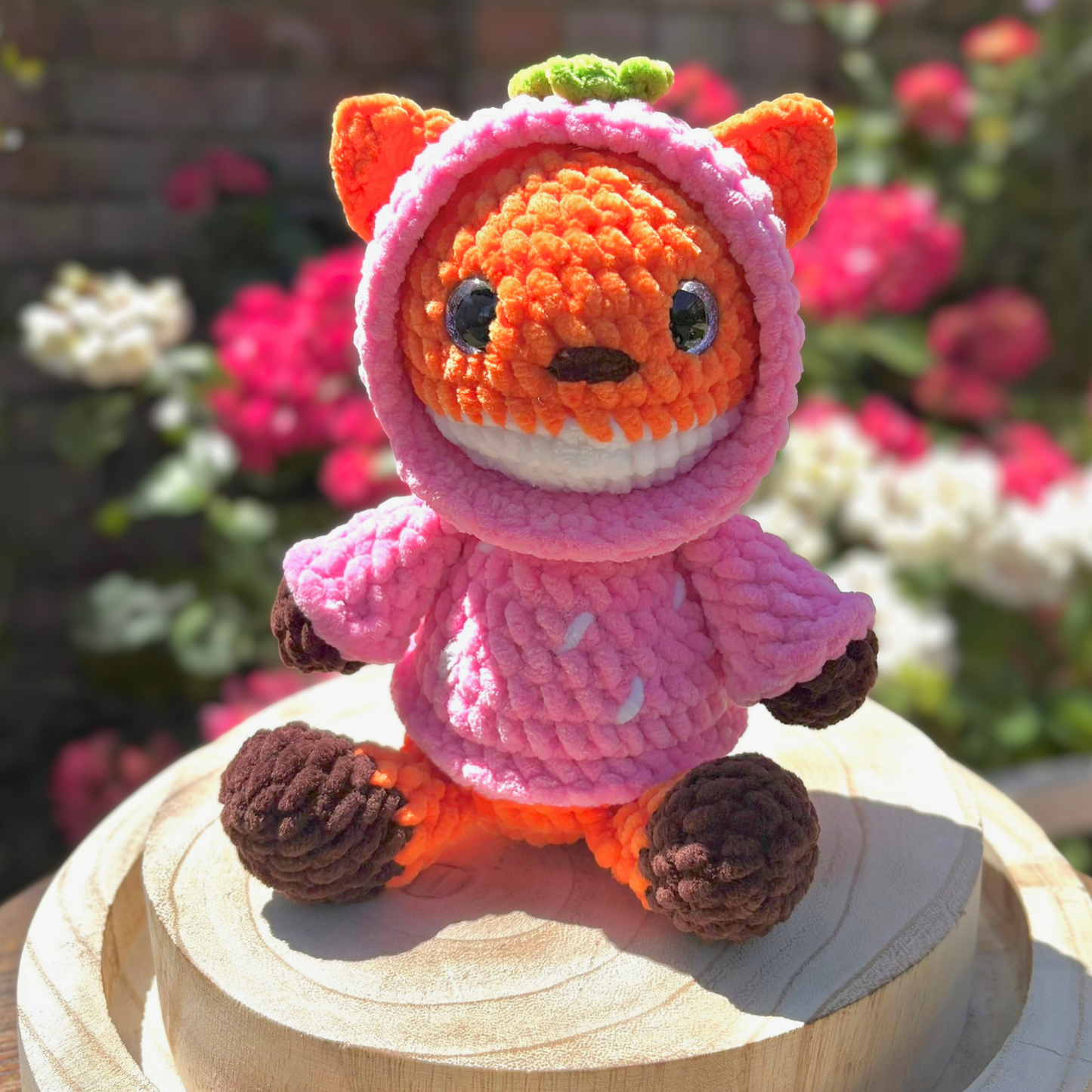 Crochet Hoody Fox With Interactive Pink Strawberry Hoody