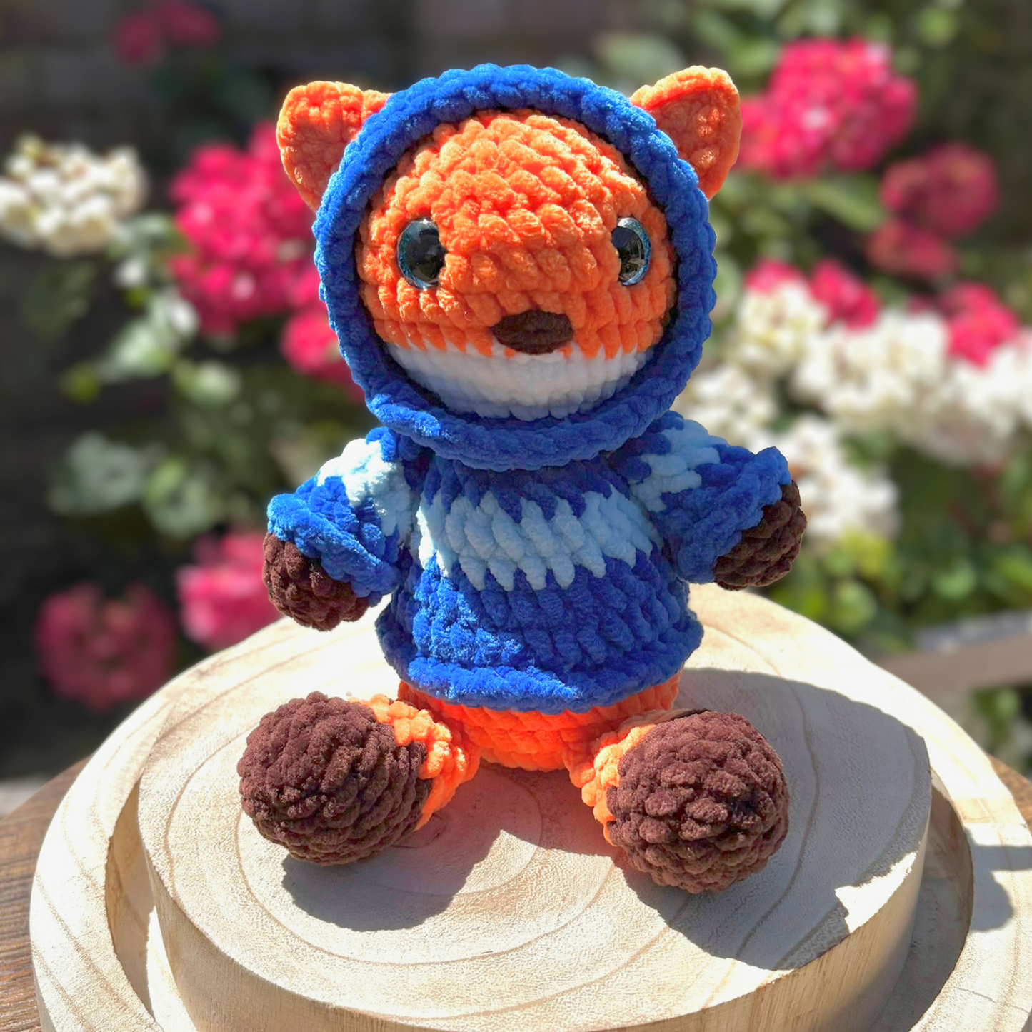 Crochet Hoody Fox With Interactive Blue Striped Hoody