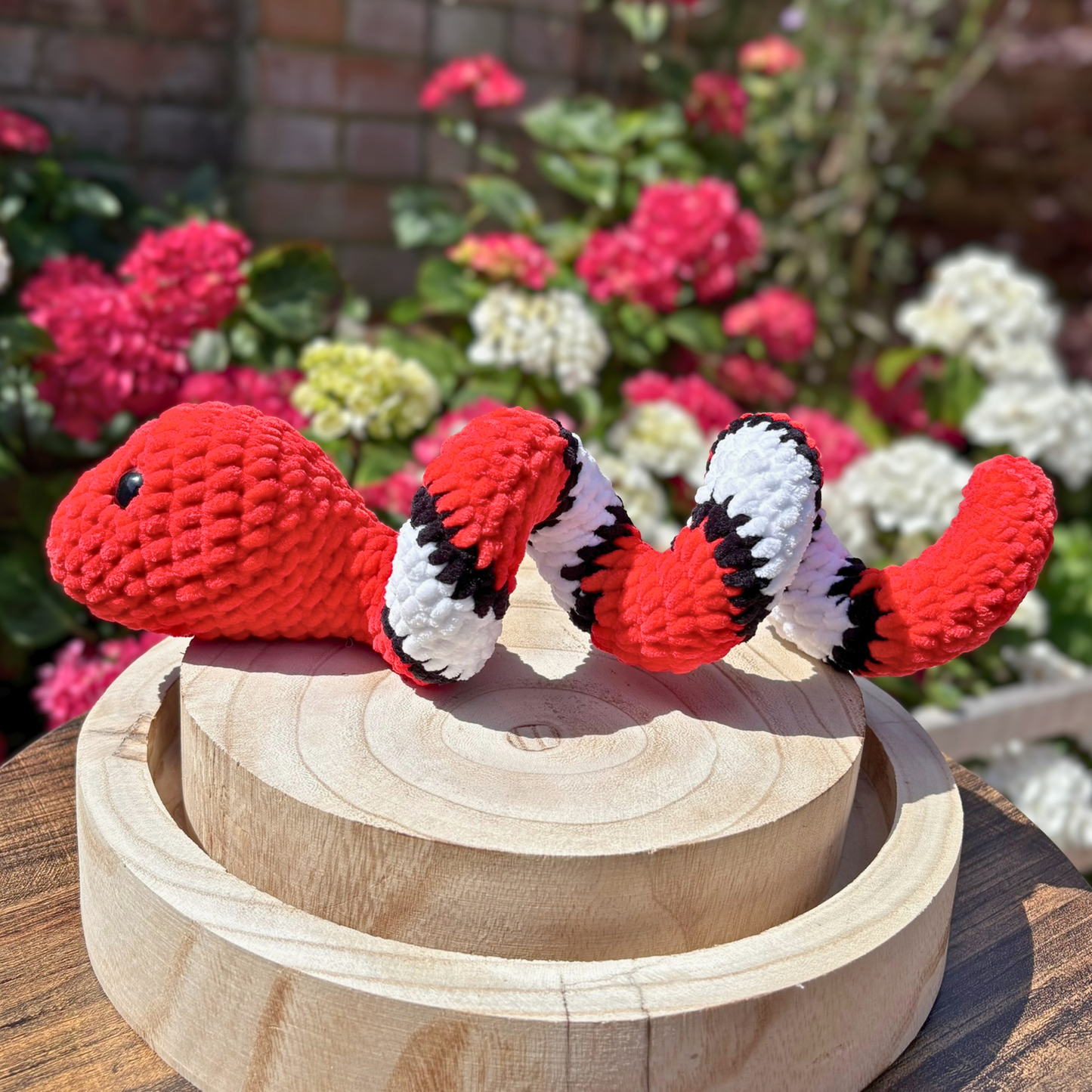 Crochet Chenille Striped Coloured Twisty Snake in Red, Black and White