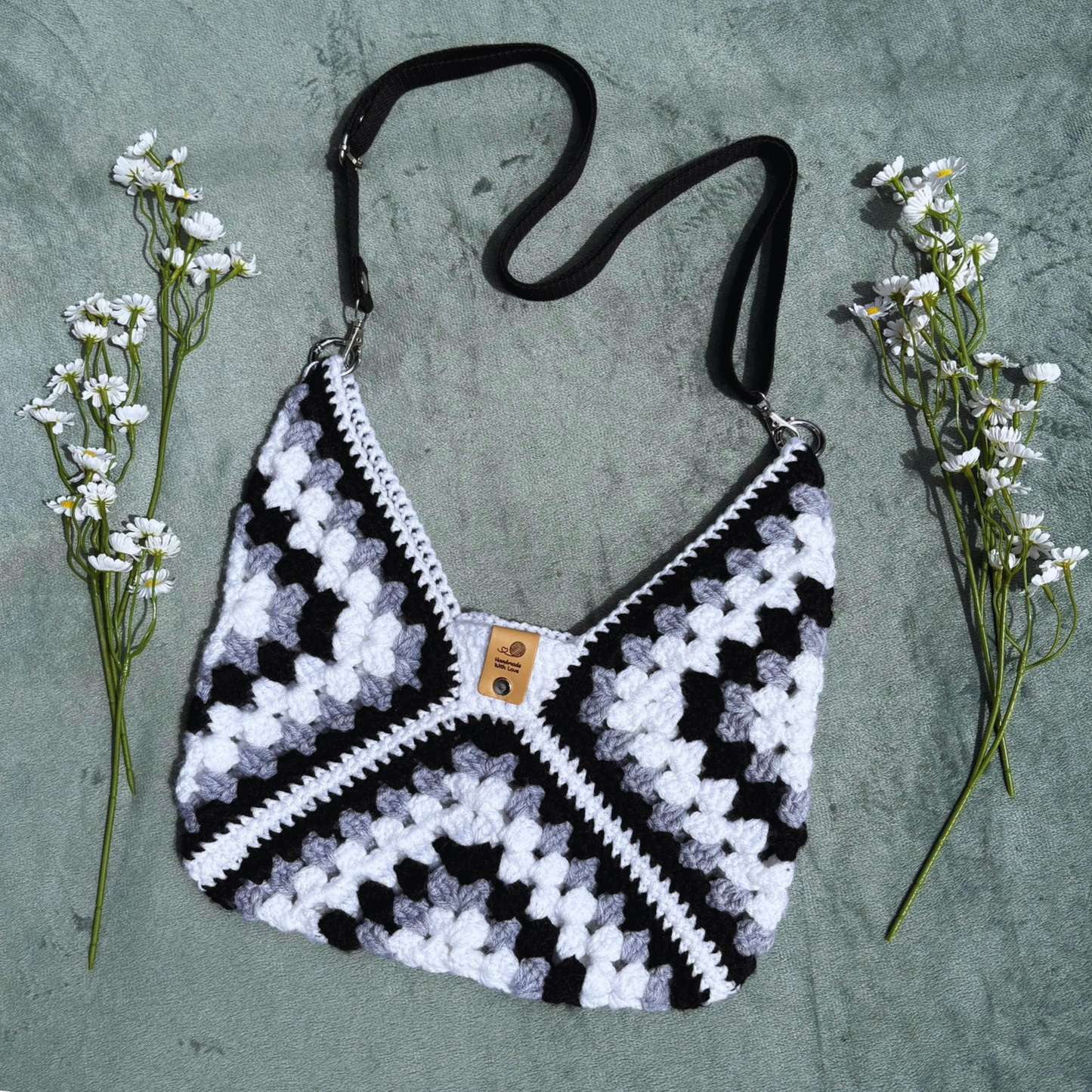 Handmade Crochet Acrylic Granny Square Crossbody Bag in Black, Grey & White size Small