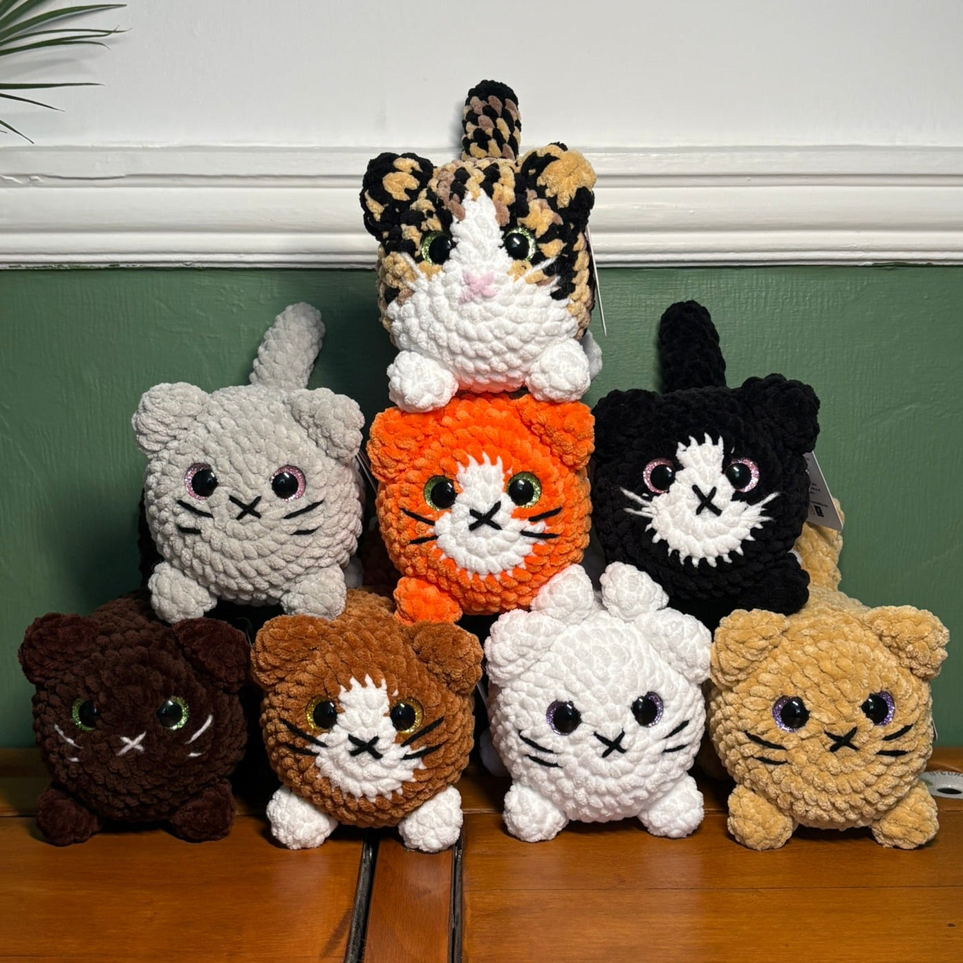Crochet Chenille Loaf Cats with Glitter Eyes Various Colours
