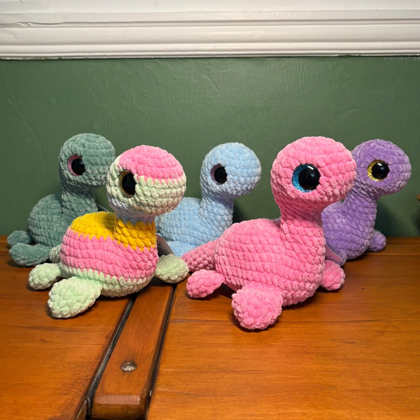 Crochet Chenille Nessie (loch ness monster) with large Glitter Eyes