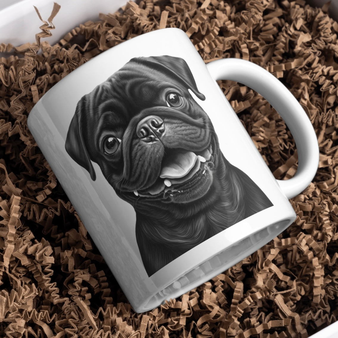 Black and white Pug Image, Dog 11oz White Mug, Perfect Gift Idea As It Comes Boxed.